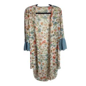 Mystree Size M Kimono Duster Longlined Floral Polka Dots Open Front Boho Hippie